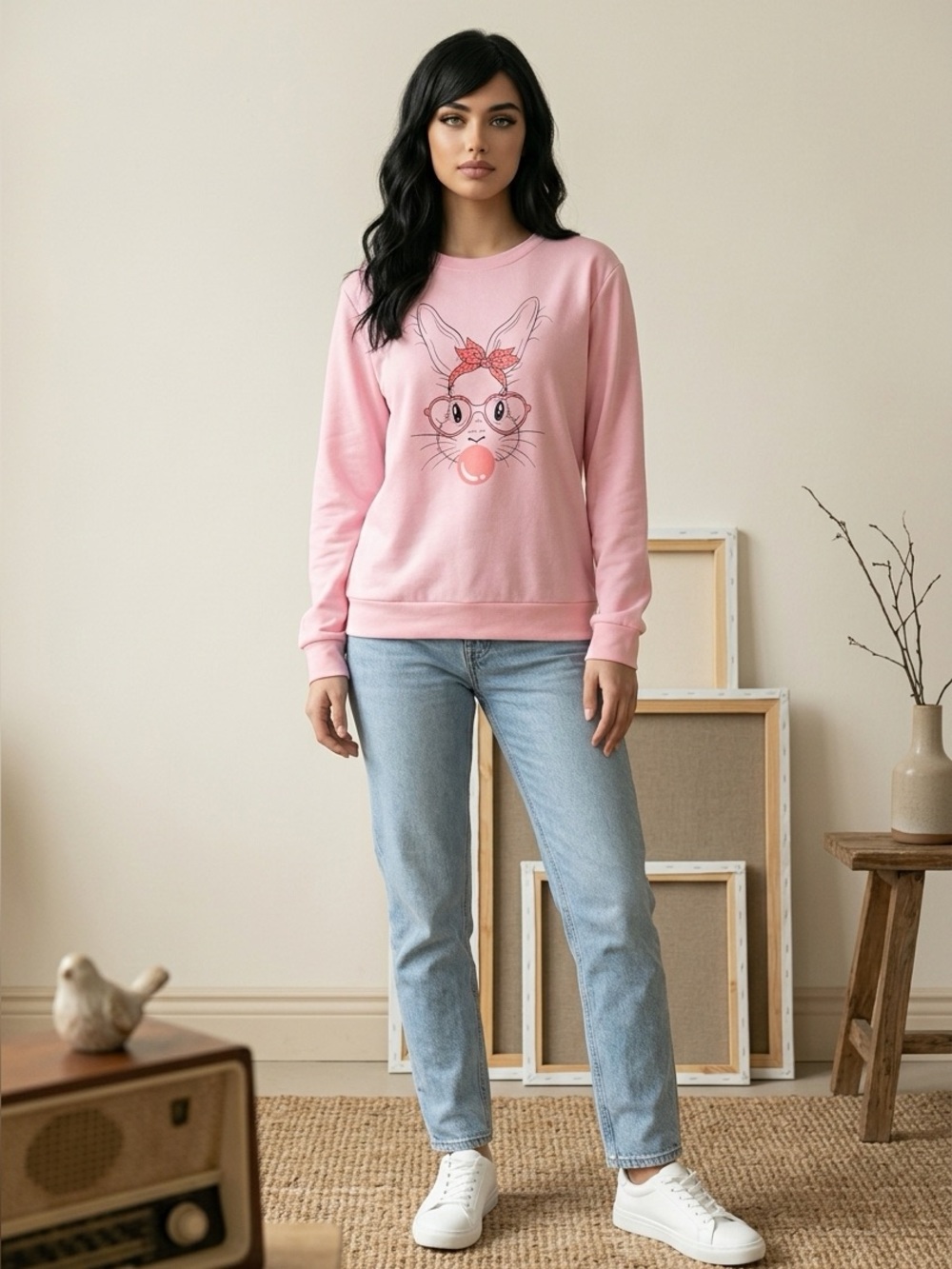 NWOT Pink Bubble Gum Bunny with Glasses Long Sleeve Top Women’s XL